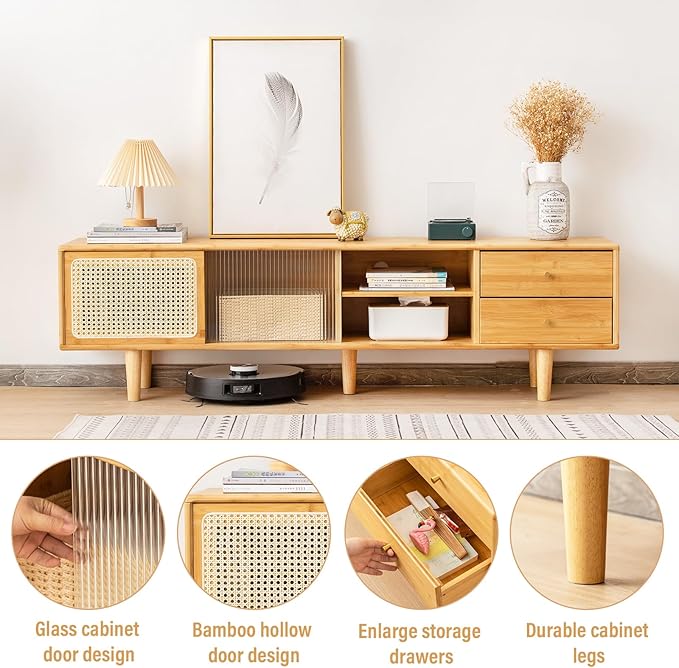 Tiita Rattan TV Stand for 55 65 Inch TV, Bamboo TV Cabinet - Image 6