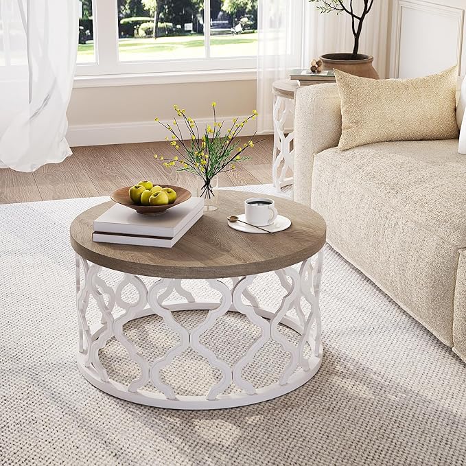 karlott Farmhouse Coffee Table, French Country Round Coffee Table, Coastal - Image 3