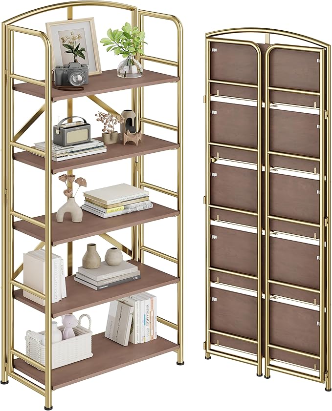No-Assembly Folding Gold Bookshelf Storage Shelves 5 Tiers Vintage by THKKYHomeOfficeFurniture