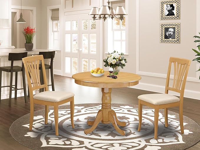 East West Furniture ANAV3-OAK-C 3 Piece Dining Room Table Set Contains a Round - Image 2