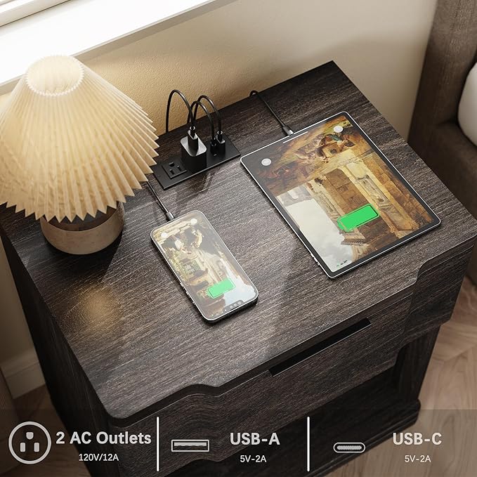 Nightstand with Charging Station, Wooden Curved Night Stand Bedside Table with - Image 4