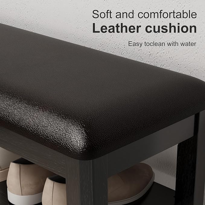 Shoe Bench with Leather Cushion, 3 Tiers Shoe Storage Bench Height Adjustable - Image 4
