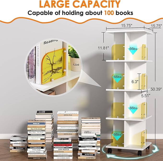 VECELO 4-Tier Rotating Bookshelf on Wheels, Revolving Bookcase Tower, Mobile - Image 3