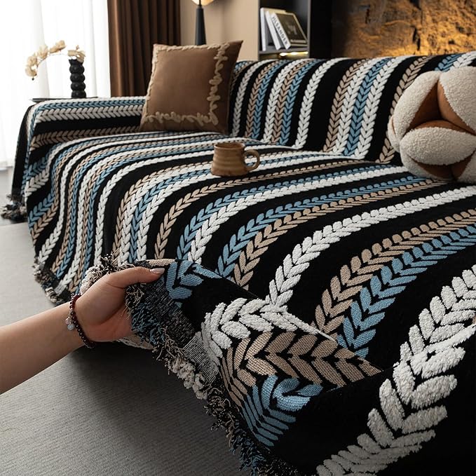 STACYPIK Boho Chenille Sofa Cover, Soft Jacquard Leaves Couch Cover, Non-Slip - Image 8