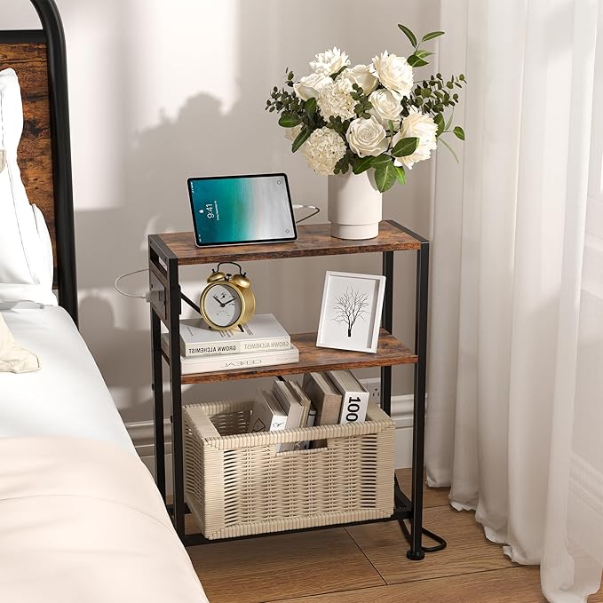 Small Narrow Side Table with Charging Station, Skinny End Table - Image 2