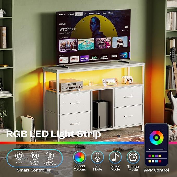 Huuger TV Stand Dresser with Power Outlets and LED Lights, 4 Drawers - Image 2