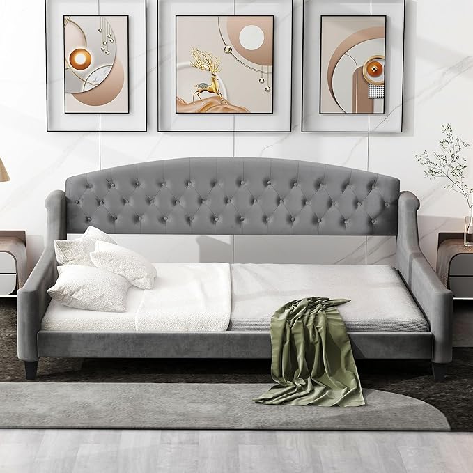 Full Size Modern Luxury Tufted Button Daybed, Stylish Wood Upholstered Day Bed - Image 3