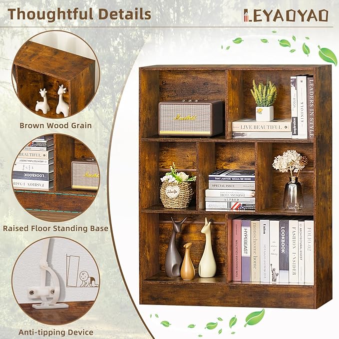 LEYAOYAO 7 Cube Bookshelf with Base, 3 Tier Mid-Century Modern Brown Bookcase - Image 7