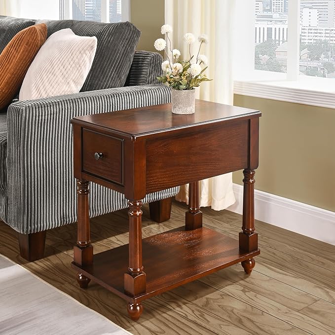 Narrow End Table with Drawer and Storage Shelf, Solid Wood Sofa Side Tables - Image 9