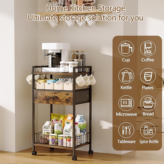 Small Coffee Bar Cart with Drawer Srorage, Coffee Bar Station Organizer Mug Cup - Image 3