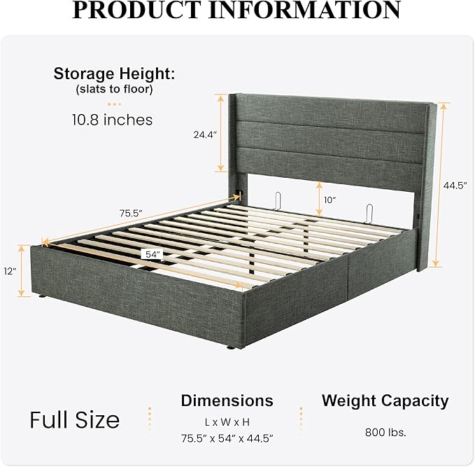 SHA CERLIN Full Size Lift Up Storage Bed/Modern Wingback Headboard/Upholstered - Image 2