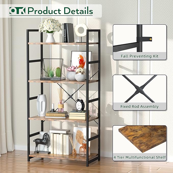 OTK 4 Tier Bookshelf, Tall Bookcase, Office Shelf Storage Organizer, Modern - Image 5