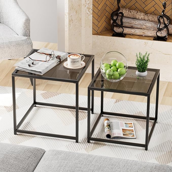 VILAWLENCE Coffee Table Set of 2, Modern Grey Patterned Glass Side Table by VILAWLENCE