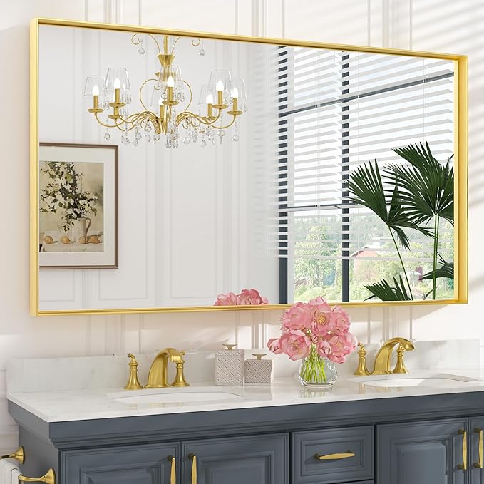 Keonjinn Gold 60 x 36 Inch Brushed Gold Metal Framed Rectangular Wall Mirror by Keonjinn