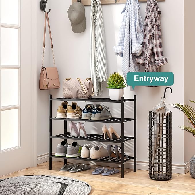4-Tier Black Bamboo Shoe Rack for Entryway, Stackable | Foldable | Natural - Image 2