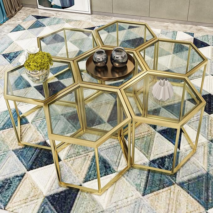 Gold Coffee Table Glass Modern Coffee Table, Hexagon Free Combination Glass - Image 6
