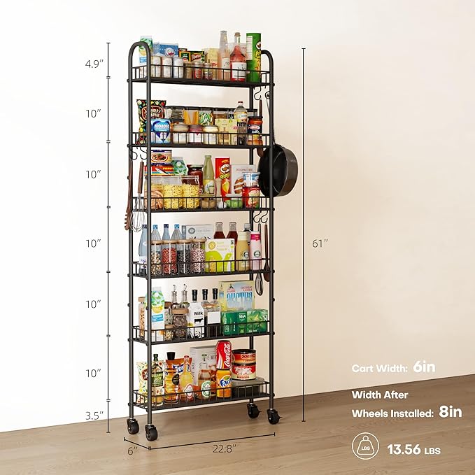 6-Tier Slim Storage Cart, Rolling Kitchen Cart - Image 2