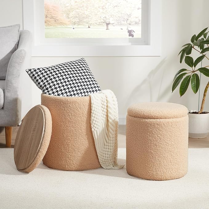 Boucle Round Ottoman with Storage Set of 2, Small Foot Stool Ottoman by RoyalWindsor