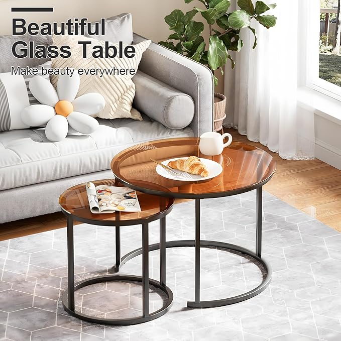 aboxoo Nesting Coffee Table Set of 2, Small Round Glass Nesting Tables - Image 5