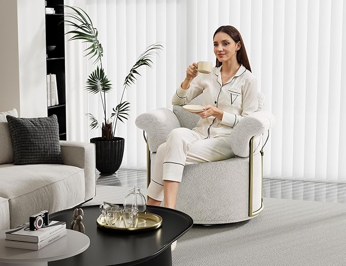 KEIKI Modern Comfy Swivel Accent Reading Chair, 360°Round Upholstered Barrel - Image 4