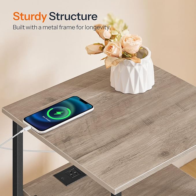 HOOBRO End Table with Charging Station, Nightstand with 2 Drawer & USB Ports & - Image 8