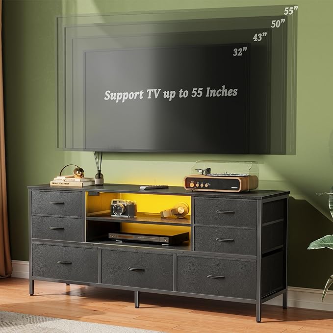 Huuger TV Stand Dresser with Power Outlets and LED Lights, 7 Drawer Console - Image 2