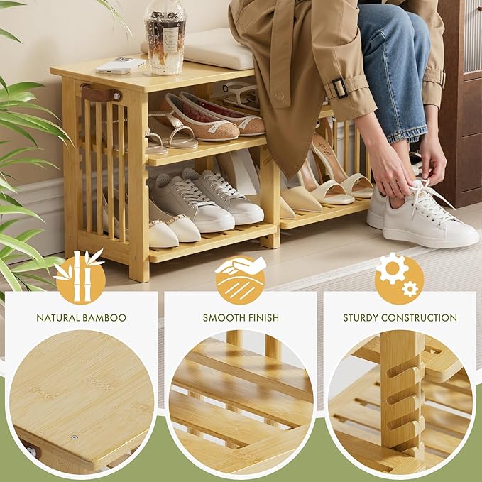 Amazer Bamboo Shoe Rack Bench, 3-Tier Shoe Bench Height Adjustable, Entry Bench - Image 3