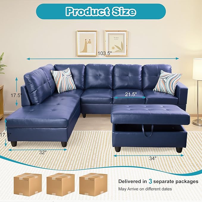 L Shaped Couch PU Leather Sectional Couch Upholstered 3 Pieces Sofas - Image 2