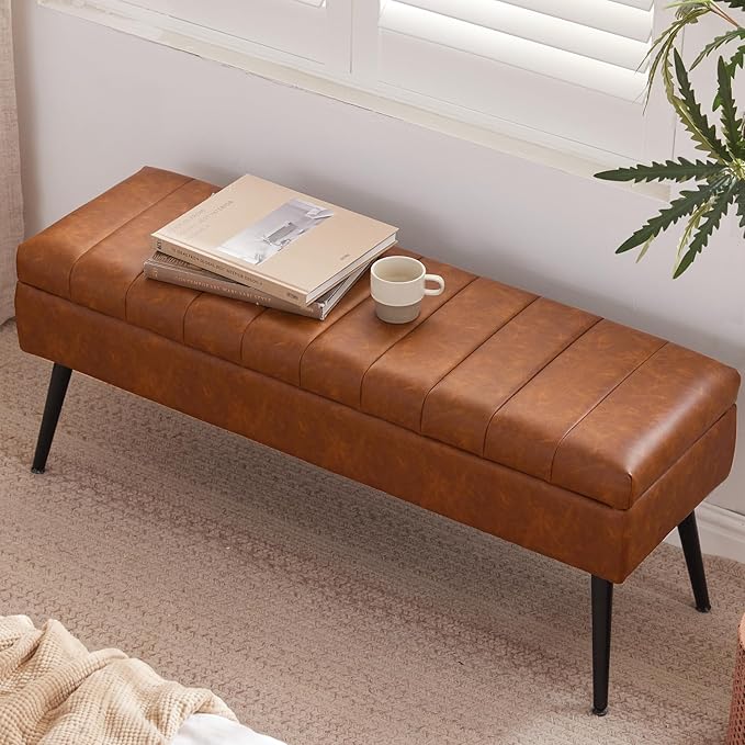 CUYOCA Storage Ottoman Bench, 43.5" Faux Leather Upholstered Entryway Bench - Image 9