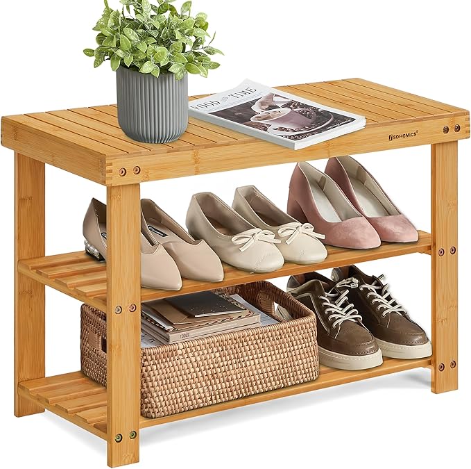 SONGMICS Shoe Rack Bench, 3-Tier Bamboo Shoe Storage Organizer, Entryway Bench by SONGMICSbySONGMICSHOME