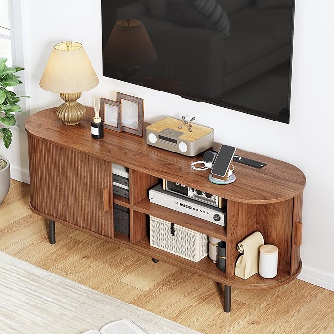 TV Stand with Power Outlet, Mid-Century Modern Television Stand, Media Console - Image 4