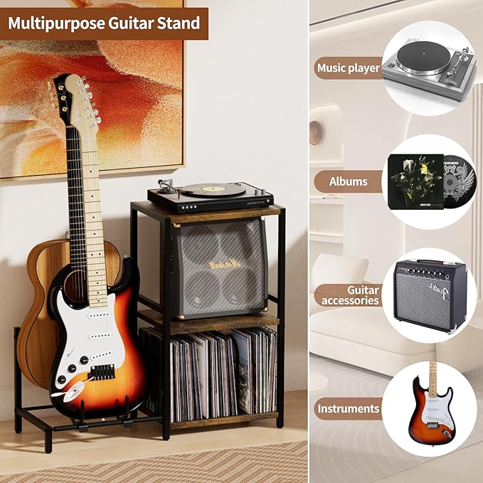 End Table with Guitar Stand, Record Player Stand, Vinyl Records Storage - Image 4