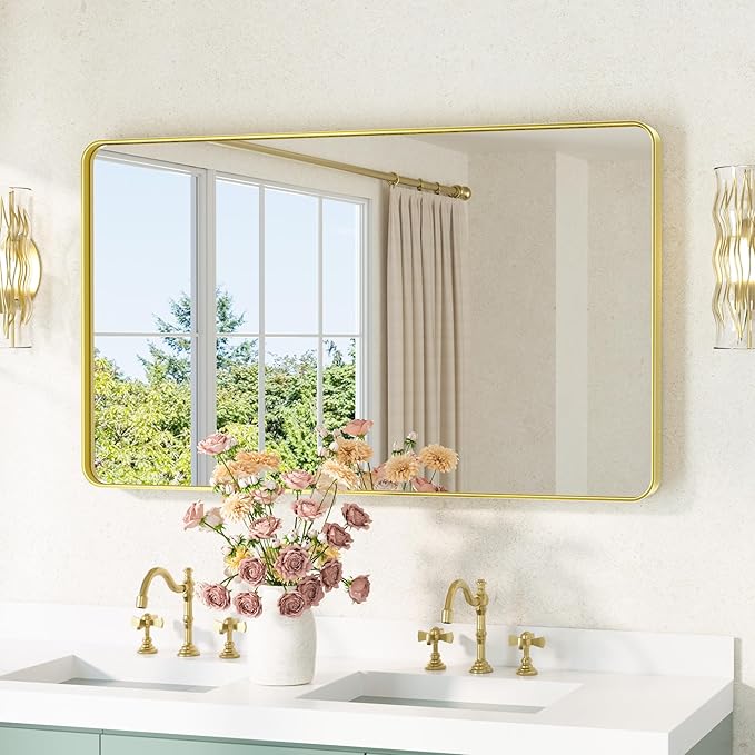 TETOTE Brushed Gold Bathroom Mirror 40 x 24 Gold Metal Framed Bathroom Mirror by TETOTE
