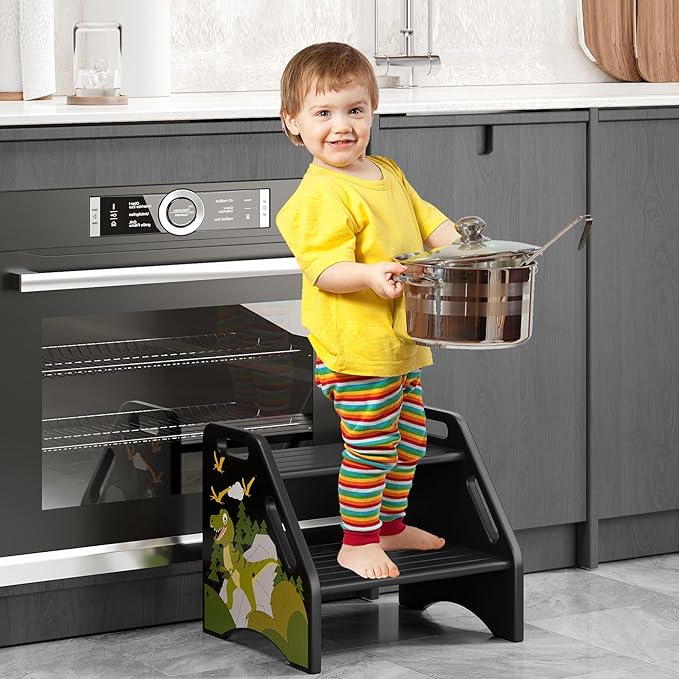 AMBIRD Toddler Step Stool, Dinosaur Wooden Two Step Stool - Image 7