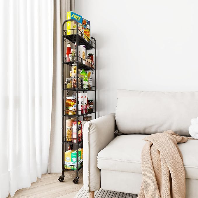 6 Tier Slim Storage Cart with Wheels, Metal Mobile Shelving Unit Organizer - Image 9