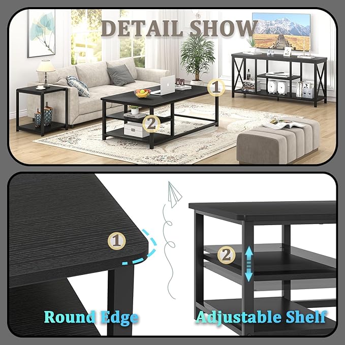 EXCEFUR Black Coffee Table, Rustic Wood Living Room Table - Image 4