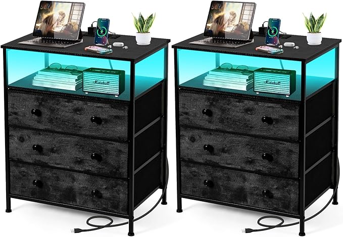 3 Drawers Dresser with Charging Station, 24 Inch Wide LED Night Stand Set 2 by PATAVOT