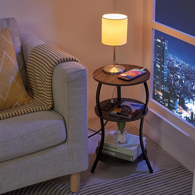 Small Round Side Table with Charging Station, 3-Tier Waist Circular End Table - Image 9