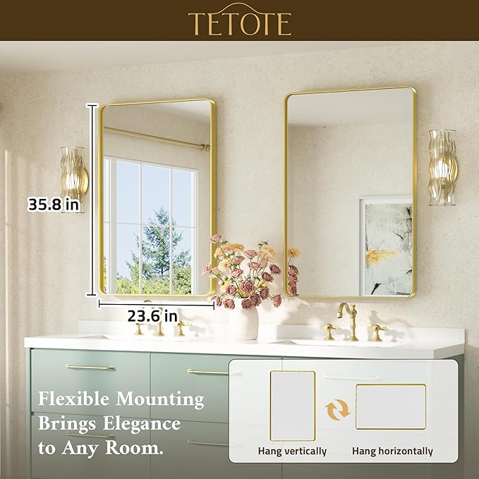 TETOTE Gold Mirror Bathroom 24 x 36 Brushed Gold Metal Framed Vanity Mirror - Image 7
