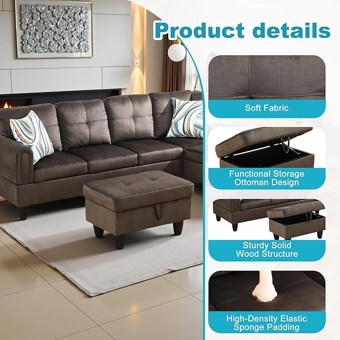Couches for Living Room Modern L Shaped Couch Comfy Flannel Fabric 3 Pieces - Image 5