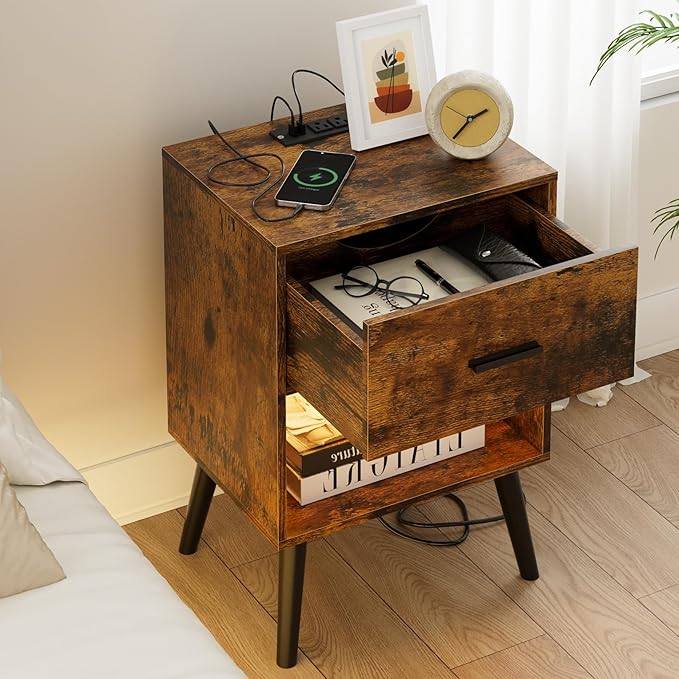 Nightstand with Charging Station and LED Lights, Small Side Table, Bedside - Image 7