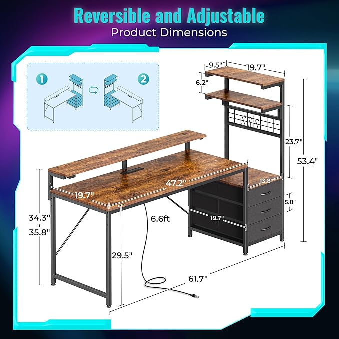 PRAISUN 61.7" Gaming Desk with LED Lights & Outlets, Computer Desk with 3 - Image 2