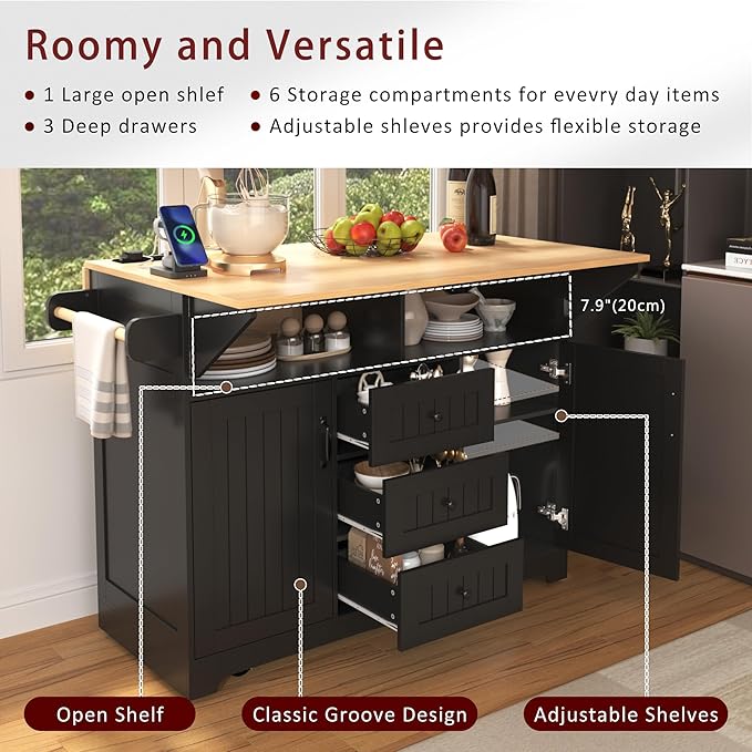 56" Large Kitchen Island with 2 Drop Leafs, Rolling Kitchen Cart on 5 Wheels - Image 3