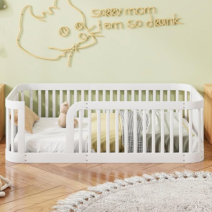 Bellemave Twin Floor Bed with High Fence and Rounded Corner Design, Wood - Image 2