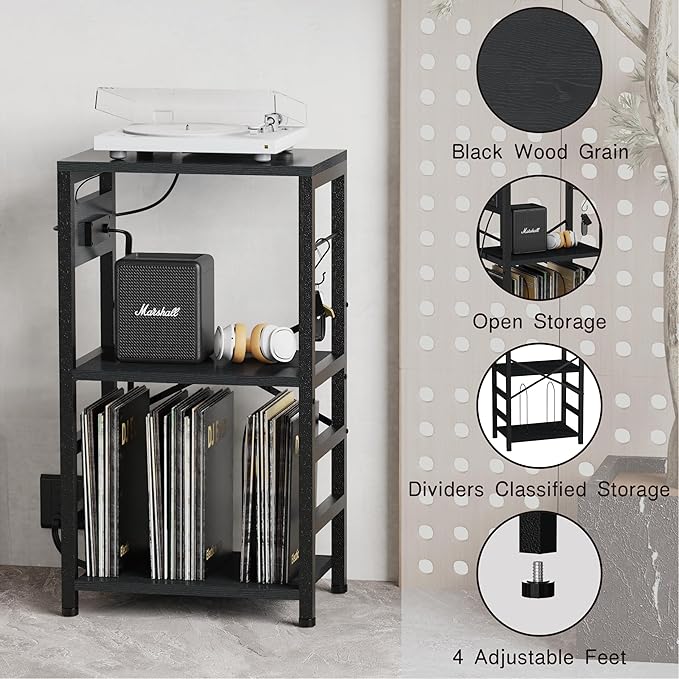 End Table with LED Light, Record Player Stand with Charging Station, Vinyl - Image 8