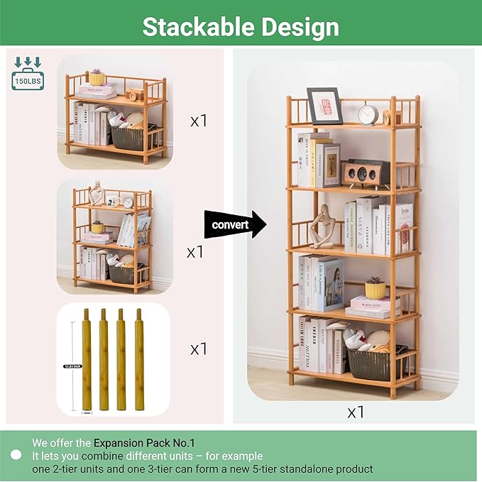 GOGOGO Bamboo Bookshelf -Tool-Free Assembly, Eco-Friendly Wooden Bookcase - Image 5