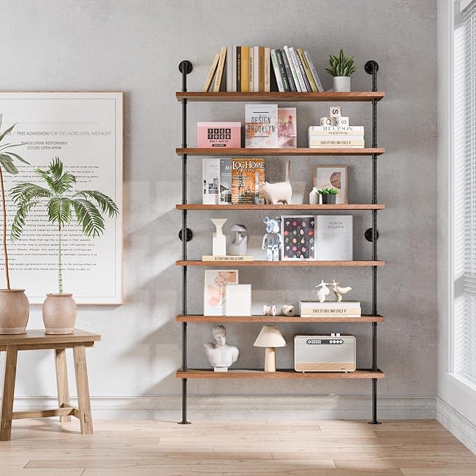 6 Tier Industrial Ladder Shelf Bookcase, Wall Mounted Rustic Bookshelf by ANYNICE