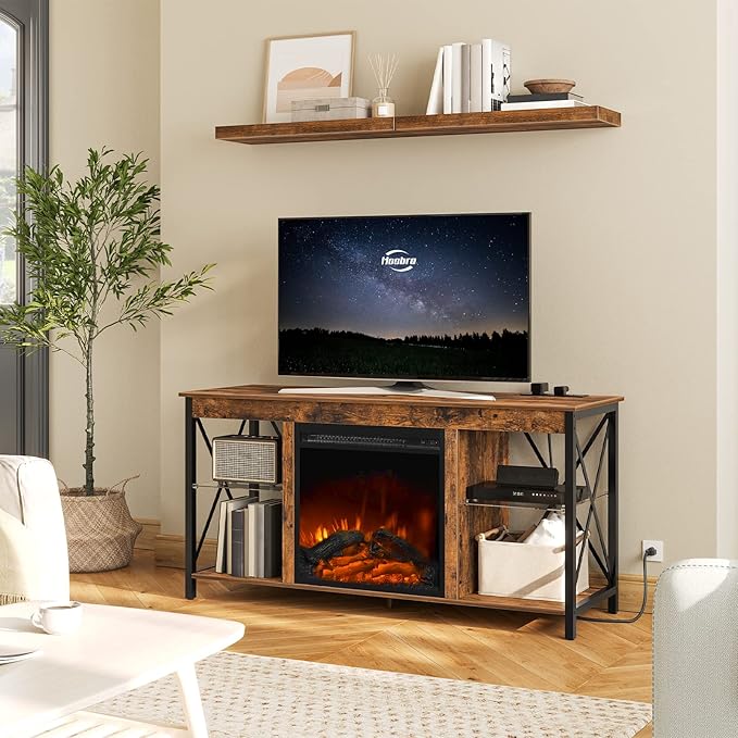 HOOBRO Fireplace TV Stand with Charging Station and LED Lights, TV Stand with - Image 2