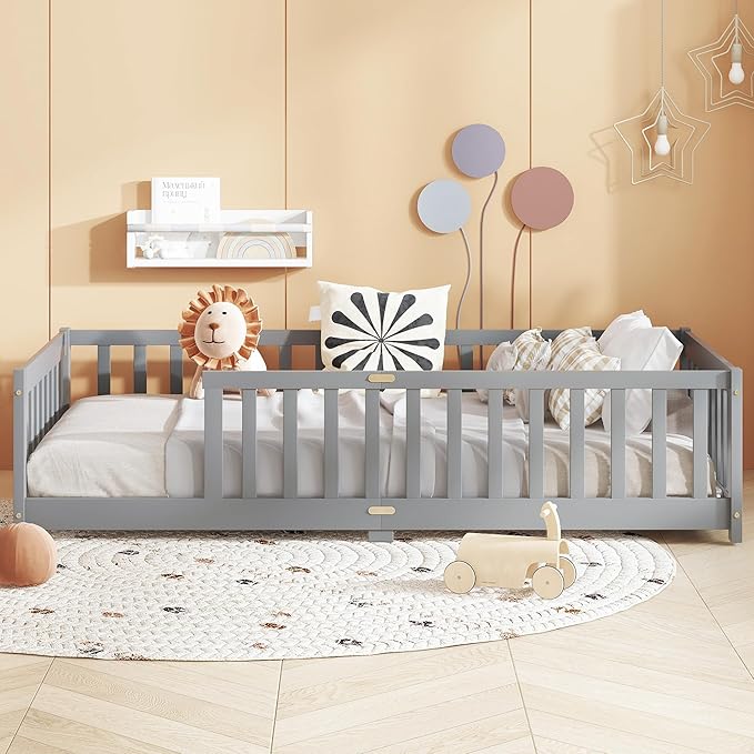 Bellemave Twin Floor Bed with Slats and Safety Guardrails, Kids Montessori - Image 2