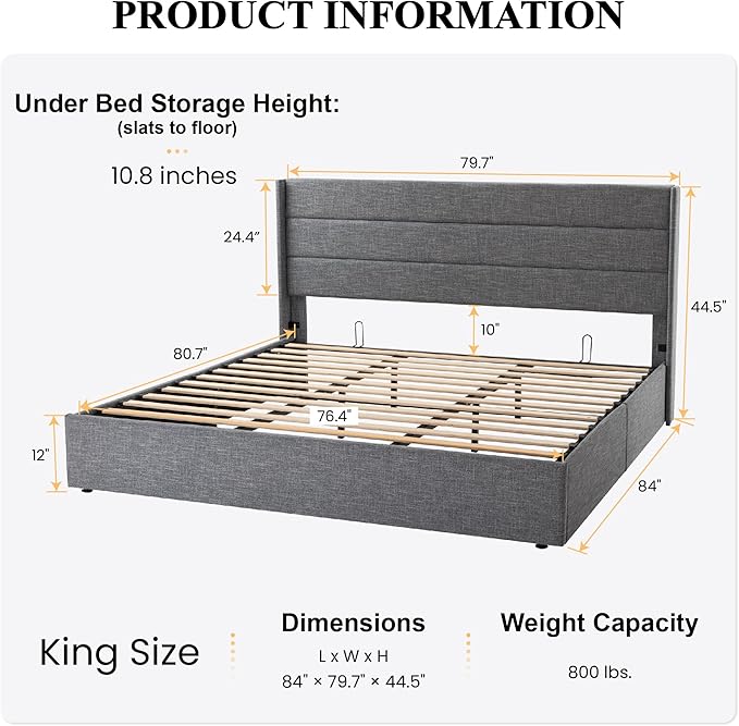 SHA CERLIN King Size Lift Up Storage Bed/Modern Wingback Headboard/Upholstered - Image 2
